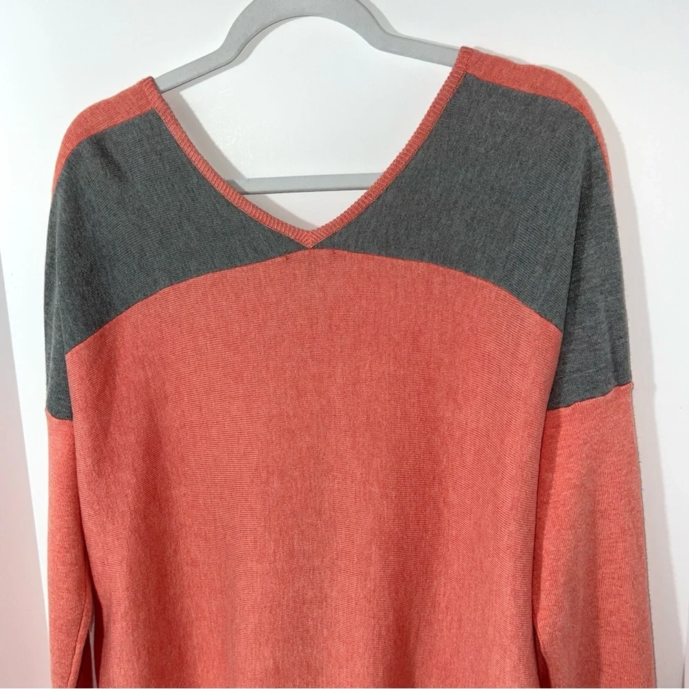 Lilla P‎ Woman's Coral Grey Modal Cotton V Neck Relaxed Fit Sweater Size XL
